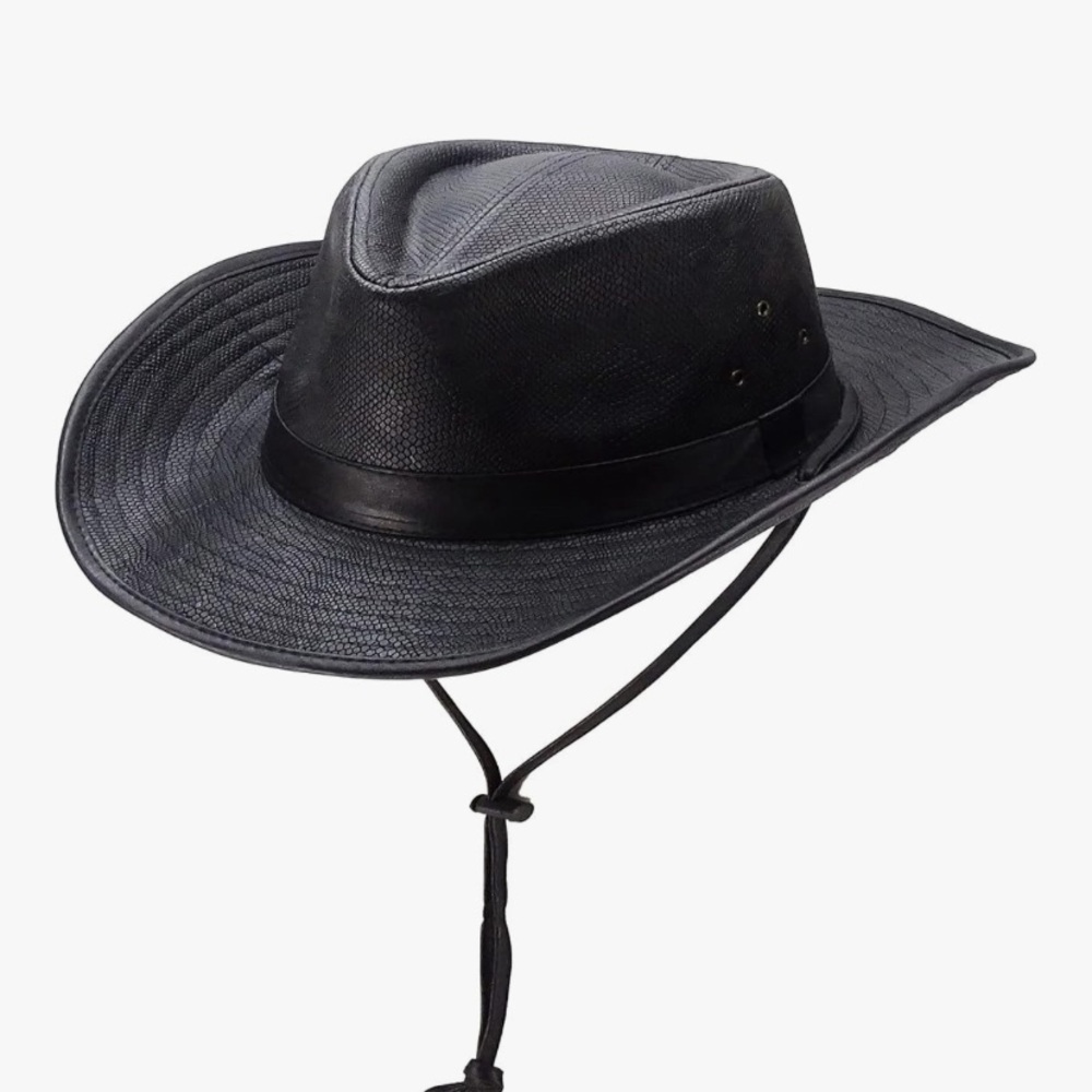 Black Cowboy Hat with Wide Brim and Chin Strap